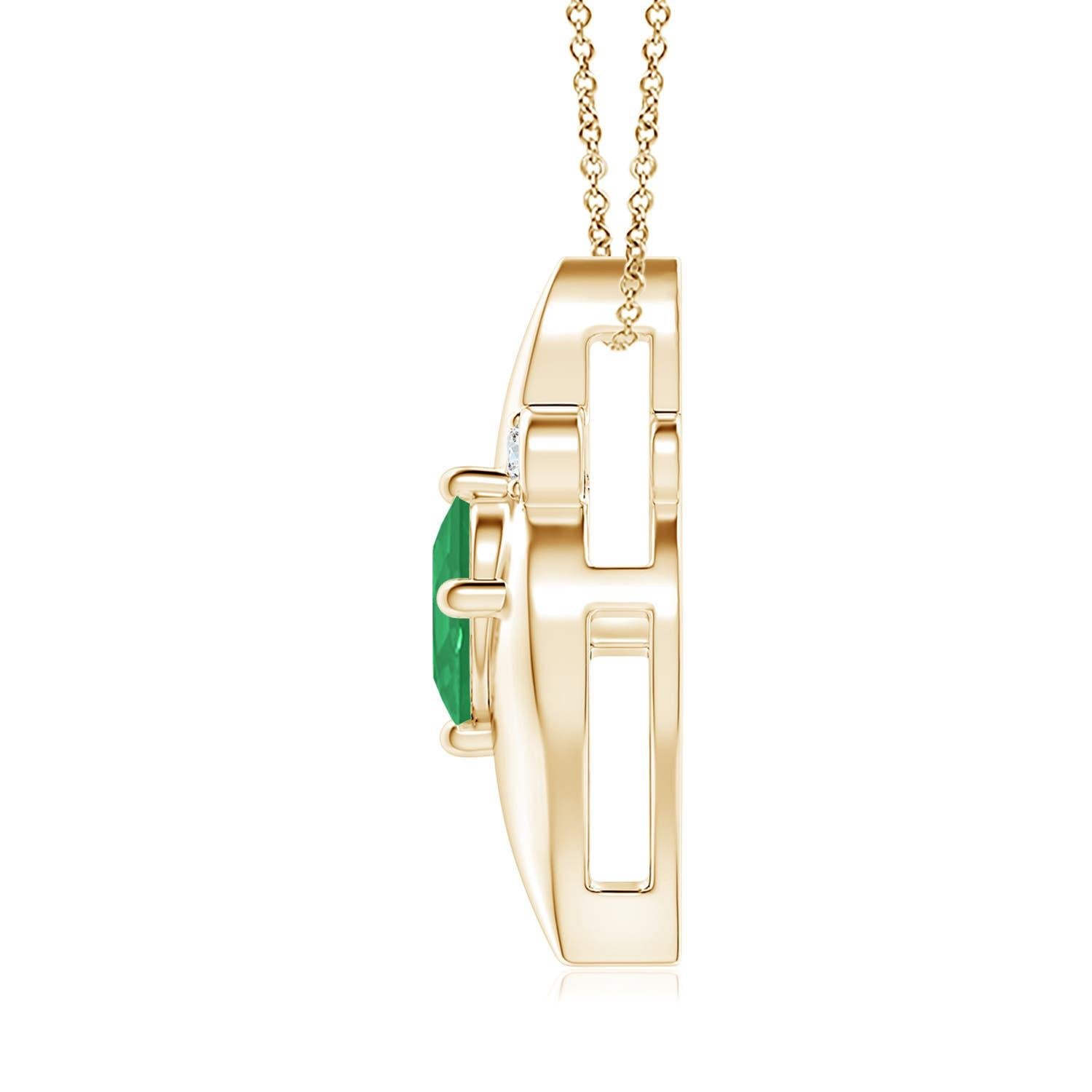 This gorgeous pendant features an alluring conch-like frame that holds a lush green emerald. Sparkling round diamond accents add to the overall allure of the design. This oval emerald and diamond pendant is designed in enduring 14k yellow gold.