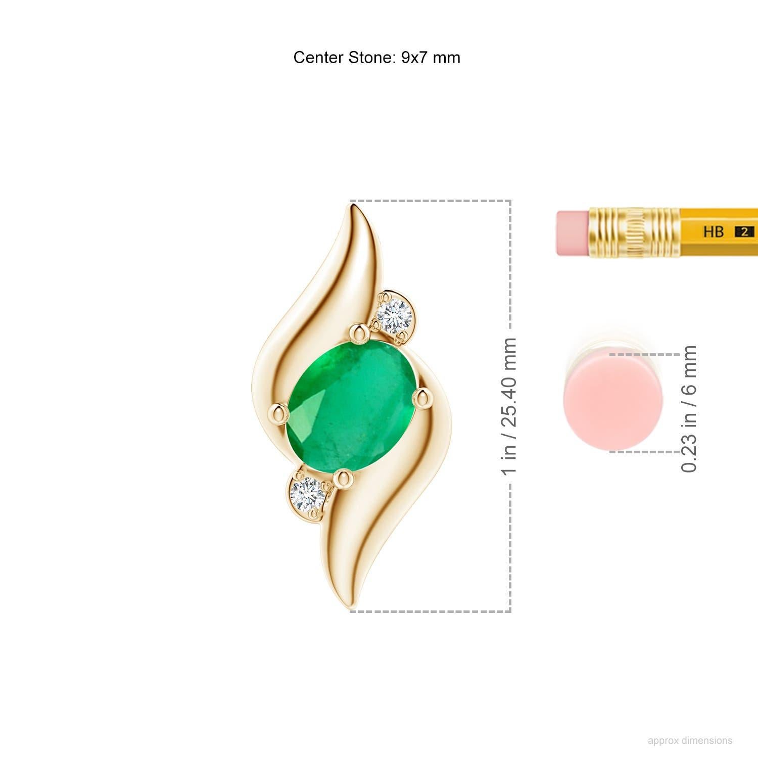 Modern Natural Shell Style Oval 1.5 ct Emerald and Diamond Pendant in 14K Yellow Gold For Sale