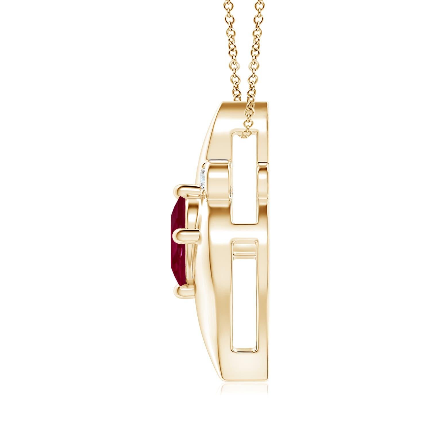 This gorgeous ruby solitaire pendant features an alluring conch-like frame within which sits a prong set, purplish red ruby. Sparkling round diamond accents add to the overall allure of the design. This tilted oval ruby pendant is designed in