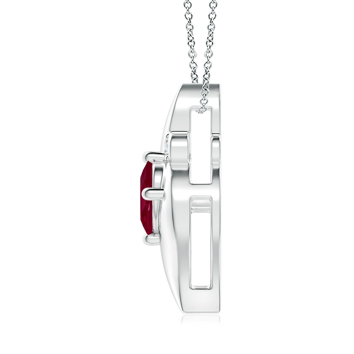 This gorgeous ruby solitaire pendant features an alluring conch-like frame within which sits a prong set, purplish red ruby. Sparkling round diamond accents add to the overall allure of the design. This tilted oval ruby pendant is designed in