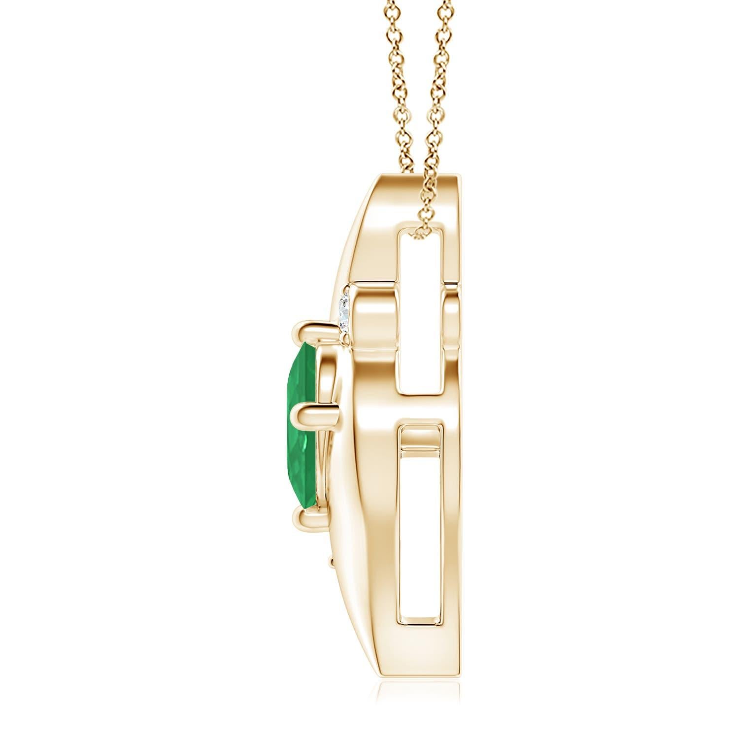 Ce magnifique pendentif présente un cadre en forme de conque qui renferme une émeraude d'un vert luxuriant. Des diamants ronds étincelants ajoutent à l'allure générale du modèle. Ce pendentif ovale en émeraude et diamant est conçu en or jaune 14k
