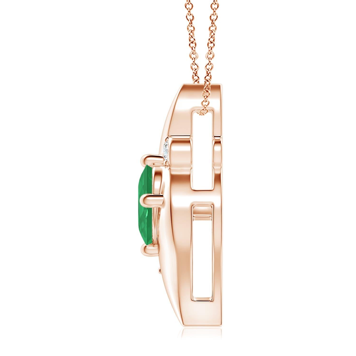 This gorgeous pendant features an alluring conch-like frame that holds a lush green emerald. Sparkling round diamond accents add to the overall allure of the design. This oval emerald and diamond pendant is designed in enduring 18k rose gold.