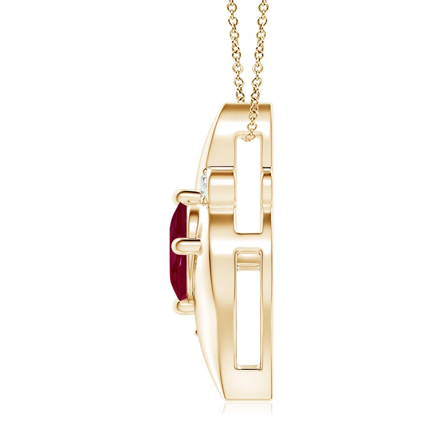 Ce magnifique pendentif solitaire en rubis présente un cadre attrayant en forme de conque à l'intérieur duquel se trouve un rubis rouge violacé serti. Des diamants ronds étincelants ajoutent à l'allure générale du modèle. Ce pendentif ovale incliné