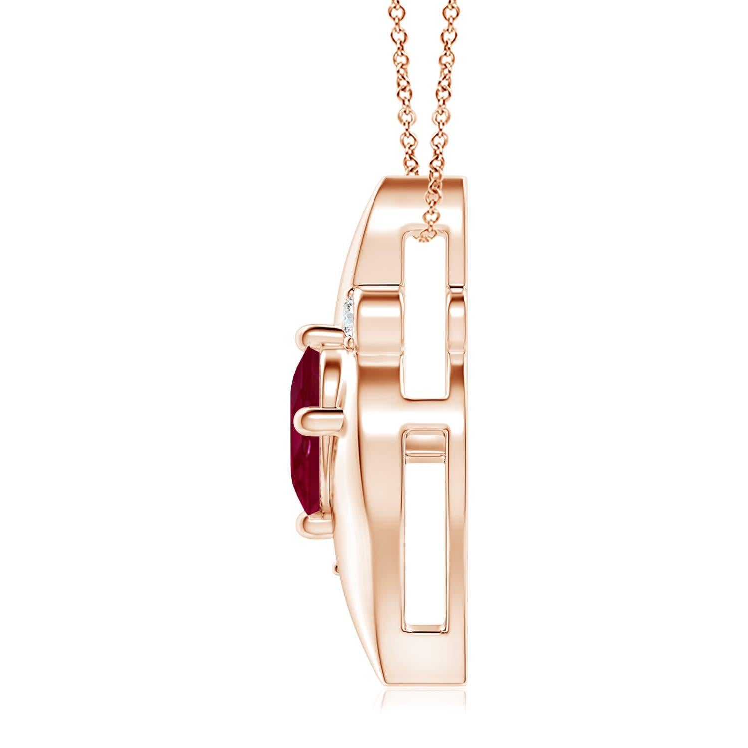 Este precioso colgante solitario de rubí presenta un atractivo marco en forma de concha en cuyo interior se encuentra un rubí rojo violáceo engastado. Los brillantes detalles de diamantes redondos aumentan el encanto general del diseño. Este