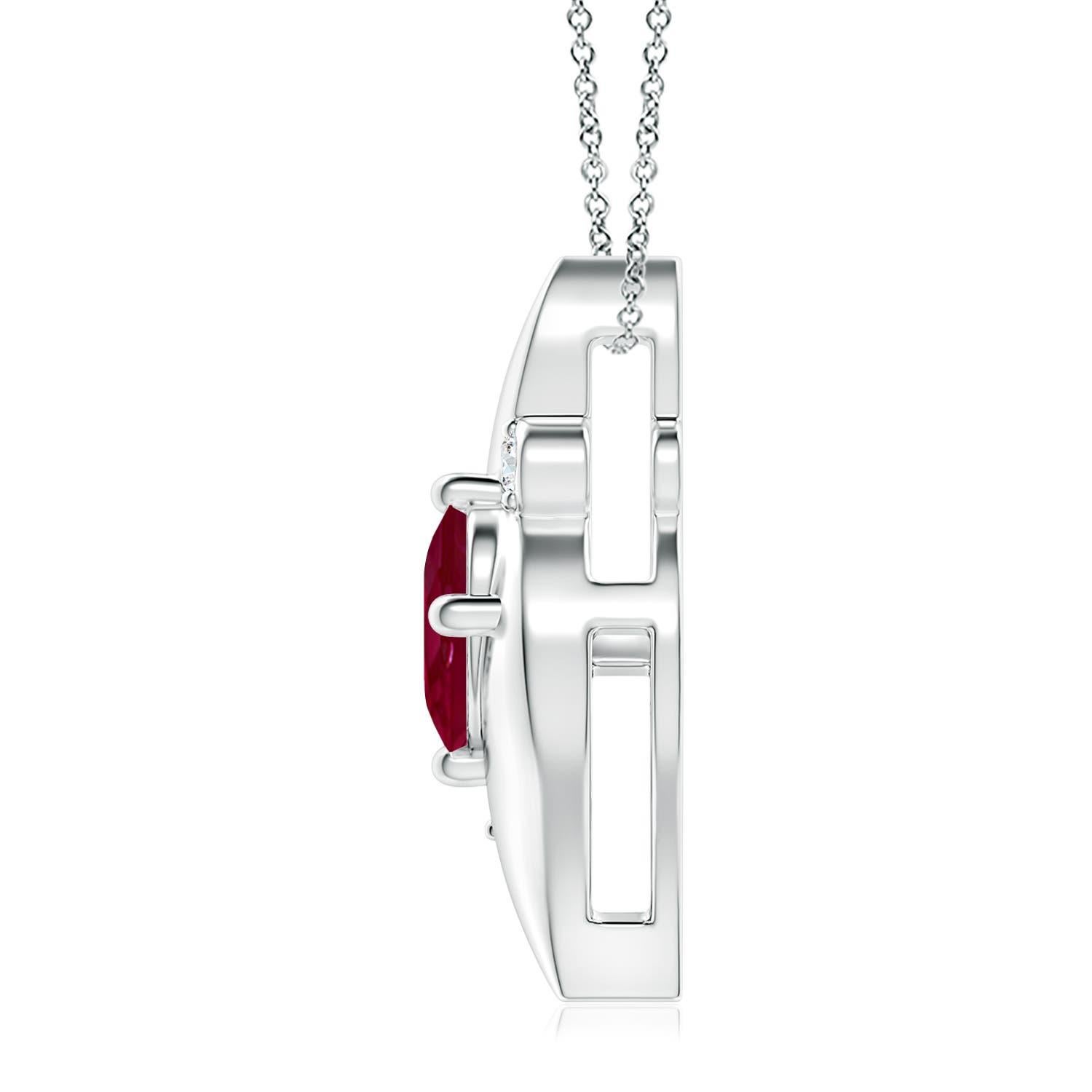This gorgeous ruby solitaire pendant features an alluring conch-like frame within which sits a prong set, purplish red ruby. Sparkling round diamond accents add to the overall allure of the design. This tilted oval ruby pendant is designed in