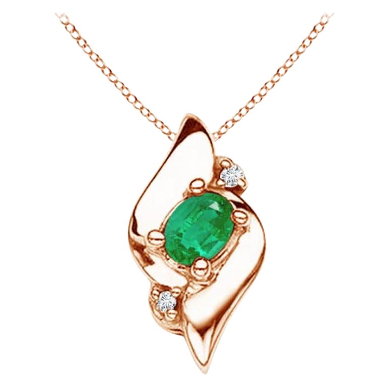 Natural Shell Style Oval Emerald and Diamond Pendant in 14K Rose Gold