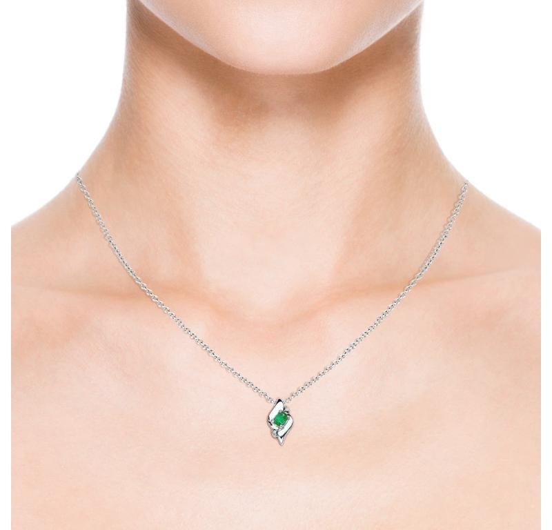Oval Cut Natural Shell Style Oval Emerald and Diamond Pendant in 14K White Gold For Sale