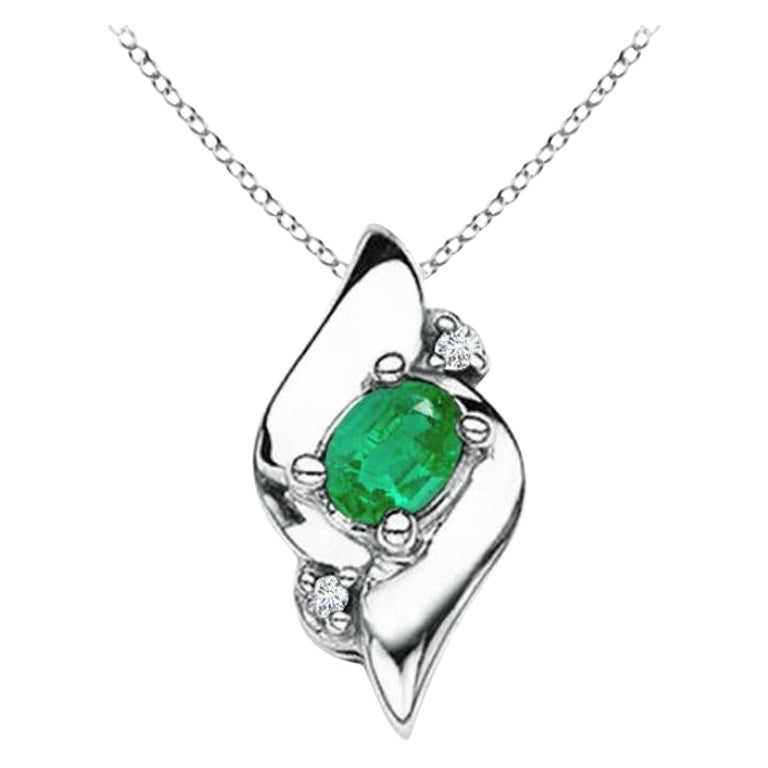 Natural Shell Style Oval Emerald and Diamond Pendant in 14K White Gold