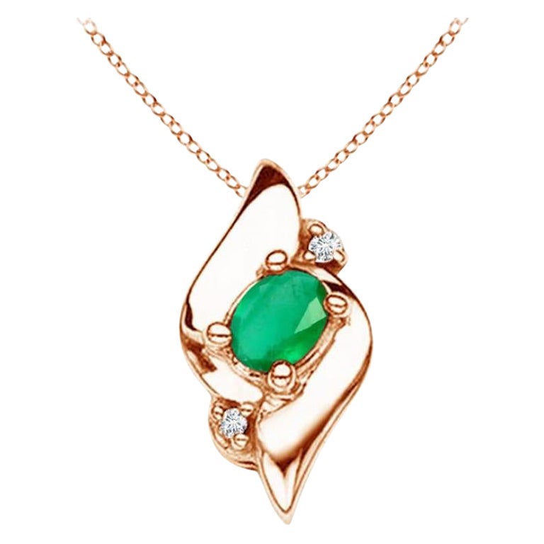 Natural Shell Style Oval Emerald and Diamond Pendant in 18K Rose Gold For Sale