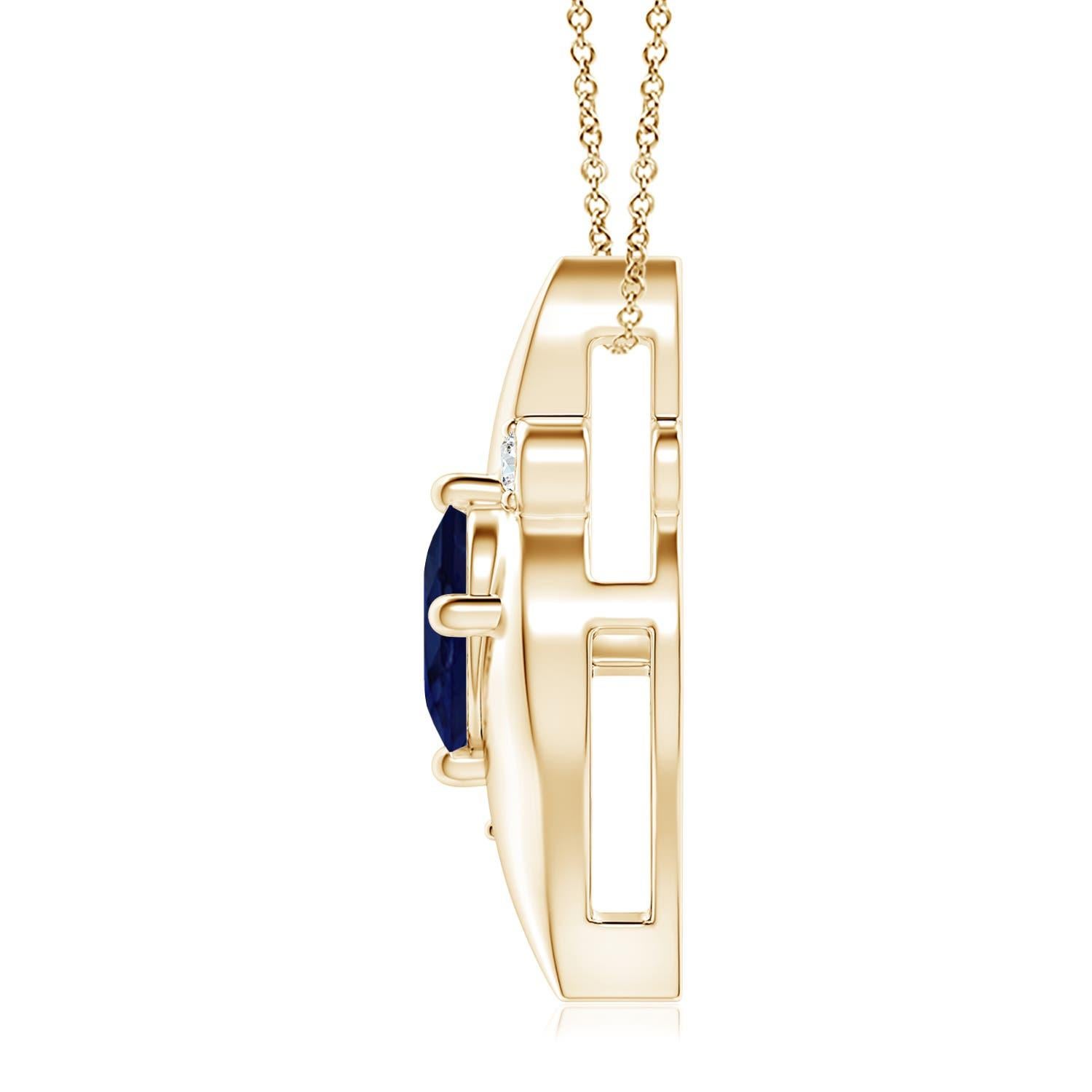 Ce magnifique pendentif solitaire en saphir présente un cadre attrayant en forme de conque à l'intérieur duquel se trouve un saphir bleu ovale serti. Des diamants ronds étincelants ajoutent à l'allure générale du modèle. Ce pendentif en saphir ovale