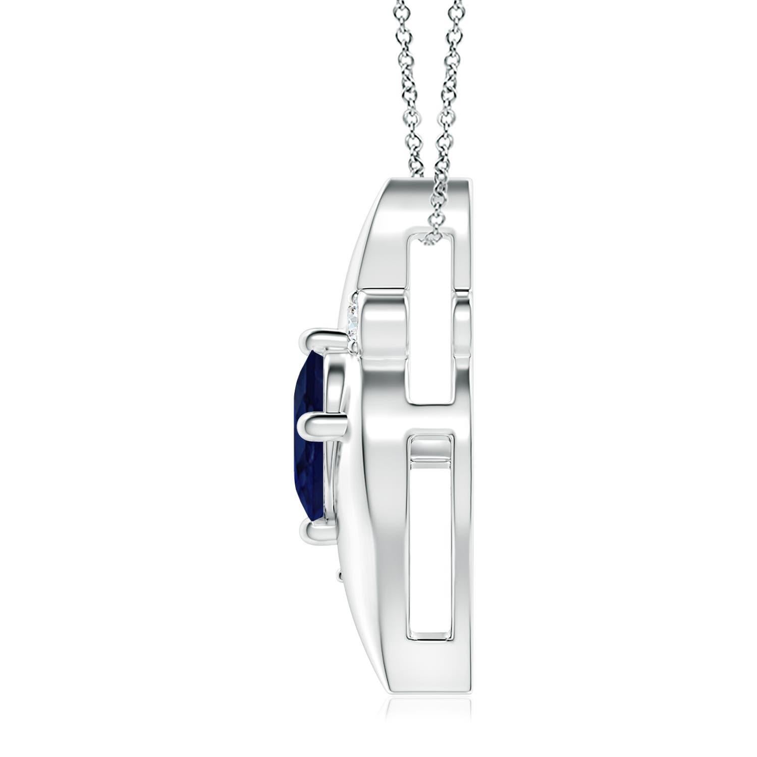 Ce magnifique pendentif solitaire en saphir présente un cadre attrayant en forme de conque à l'intérieur duquel se trouve un saphir bleu ovale serti. Des diamants ronds étincelants ajoutent à l'allure générale du modèle. Ce pendentif en saphir ovale