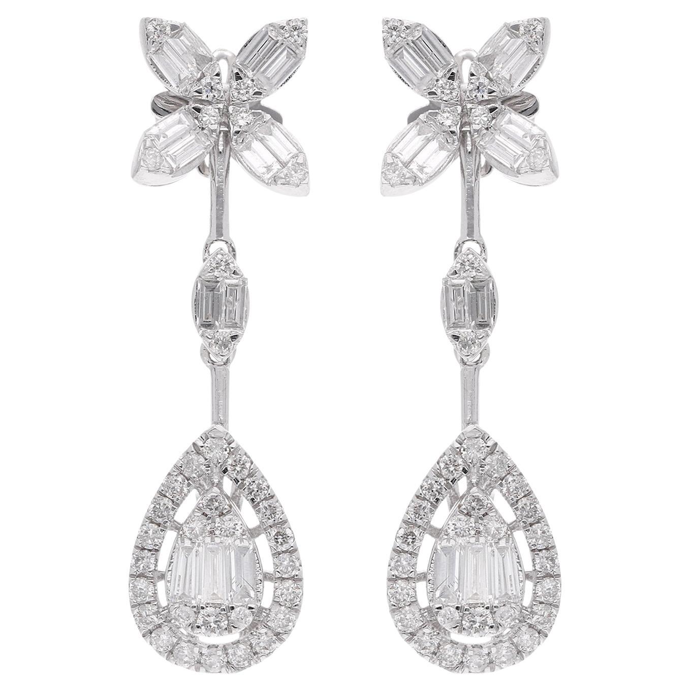 Natural SI Clarity HI Color Baguette Diamond Dangle Earrings 18 Karat White Gold For Sale