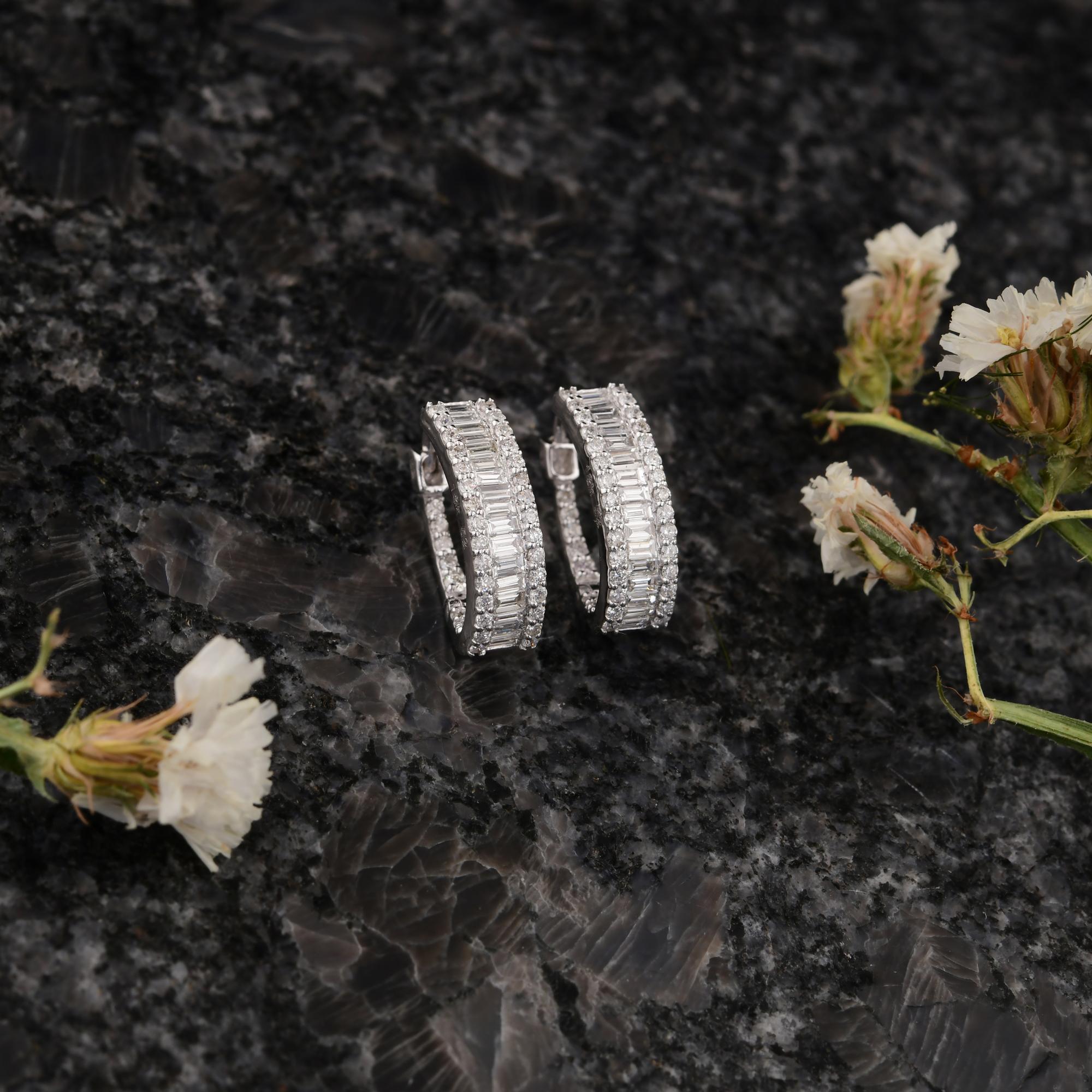 Modern Natural SI Clarity HI Color Baguette Diamond Hoop Earrings 14 Karat White Gold For Sale