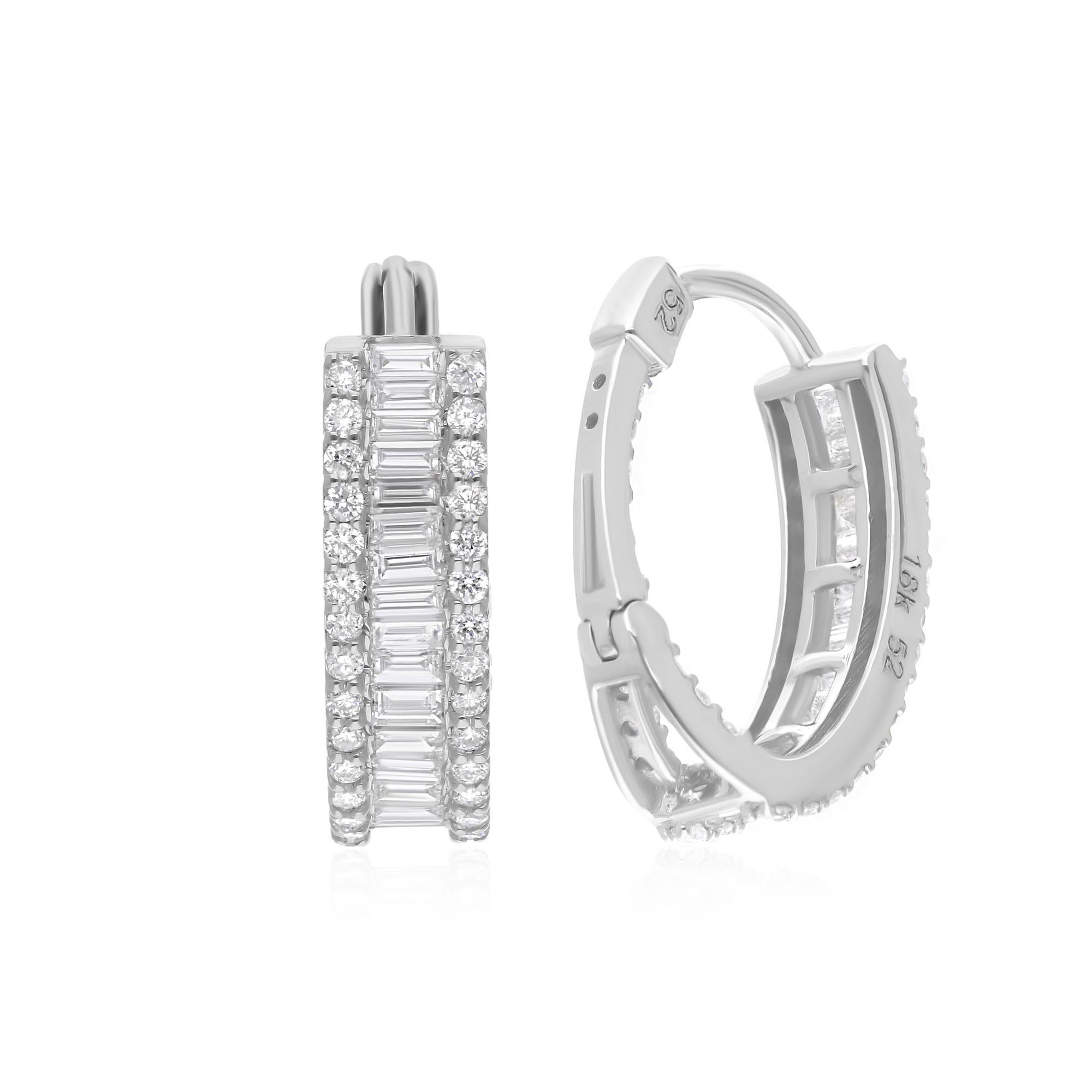 Modern Natural SI Clarity HI Color Baguette Diamond Hoop Earrings 18 Karat White Gold For Sale