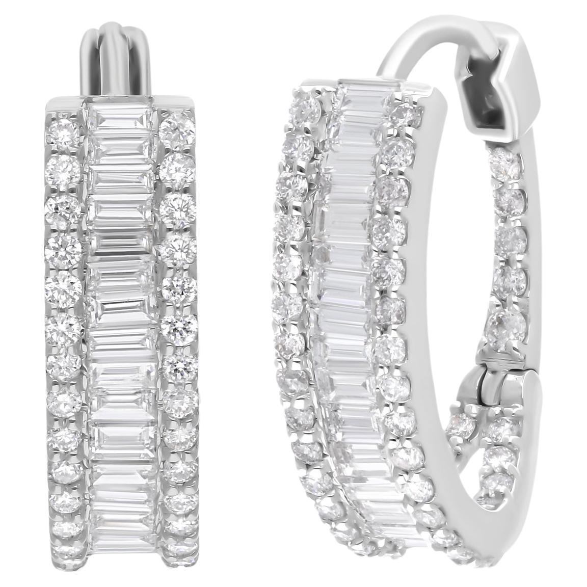 Natural SI Clarity HI Color Baguette Diamond Hoop Earrings 18 Karat White Gold