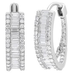 Natural SI Clarity HI Color Baguette Diamond Hoop Earrings 18 Karat White Gold