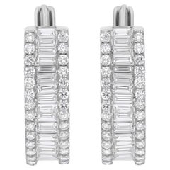Natural SI Clarity HI Color Baguette Diamond Hoop Earrings 18 Karat White Gold