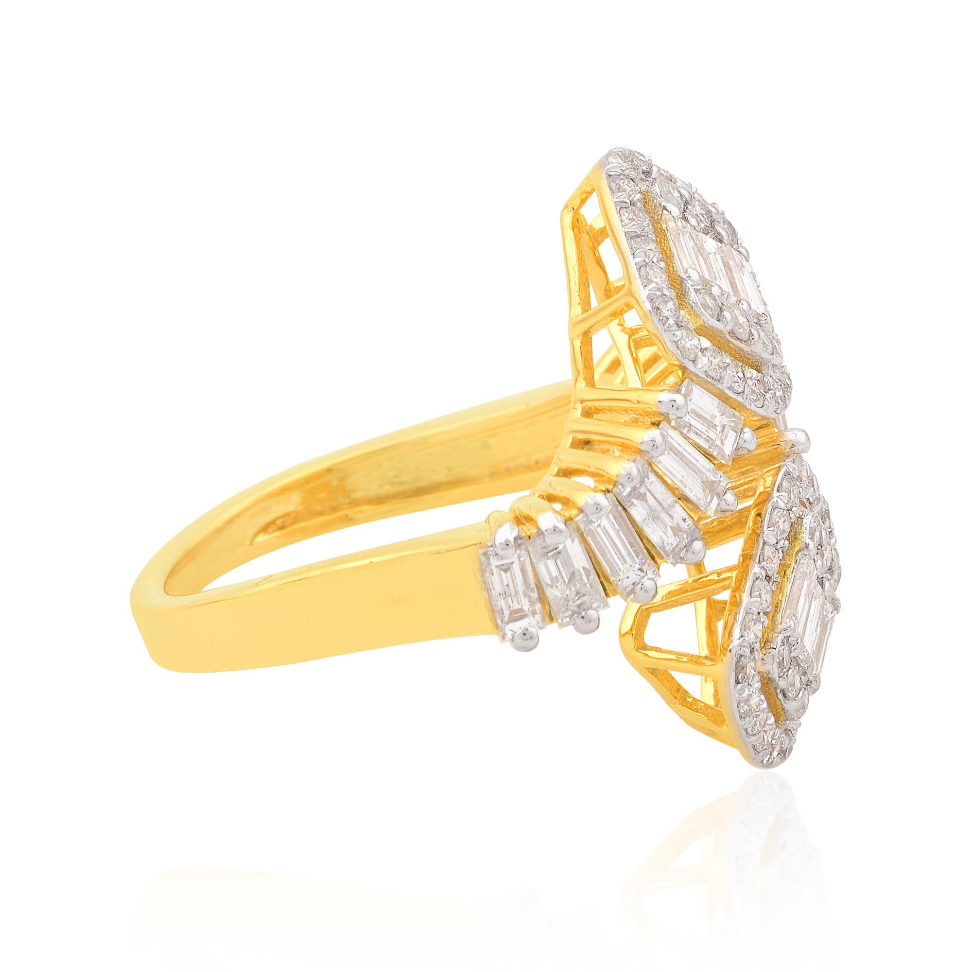 Set in 18 karat yellow gold, a rich and radiant metal revered for its warmth and luxurious appeal, the setting of this ring enhances the natural beauty of the diamonds, creating a striking contrast that captivates the senses. The smooth, polished