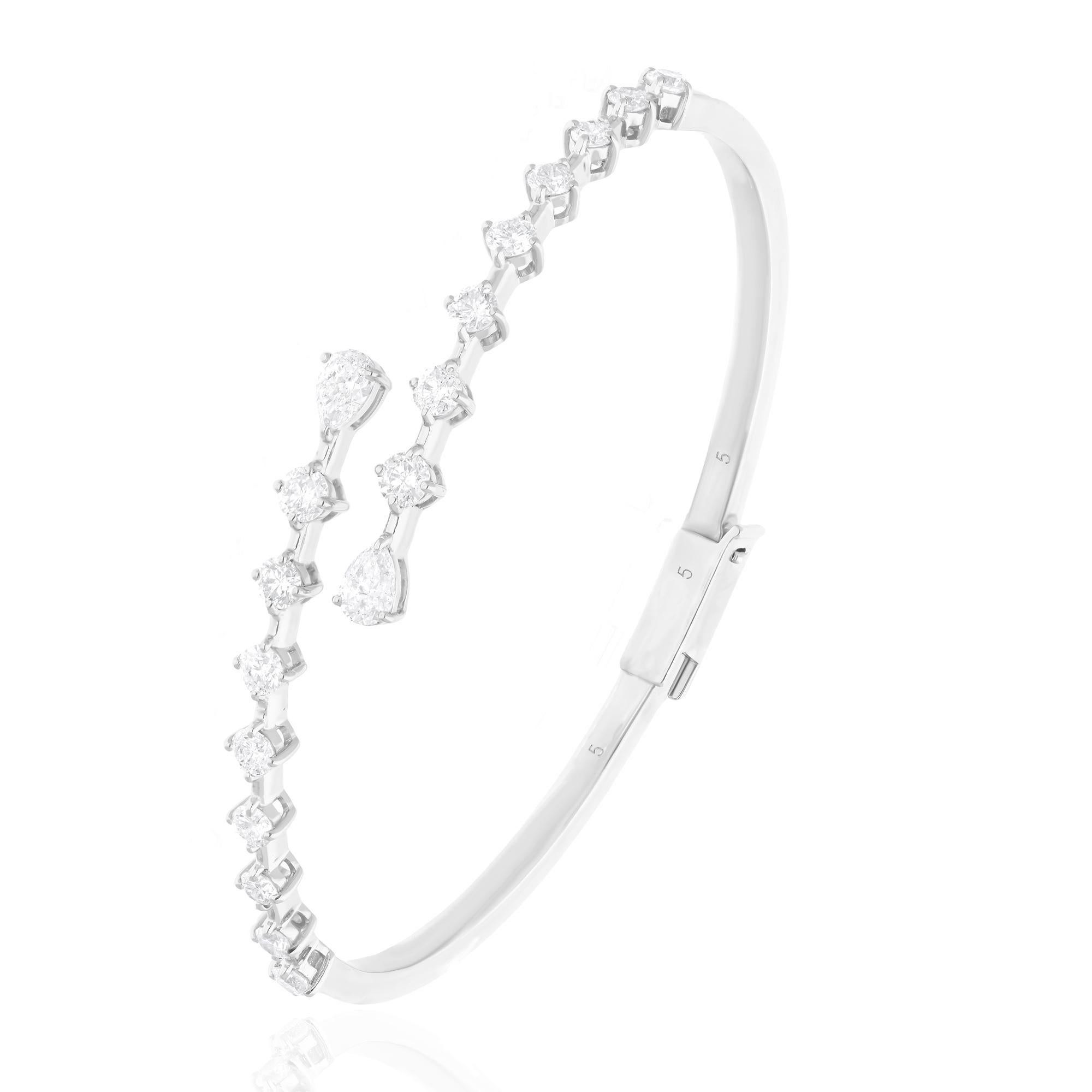 Pear Cut Natural SI Clarity HI Color Diamond Bypass Bangle Bracelet 14 Karat White Gold For Sale