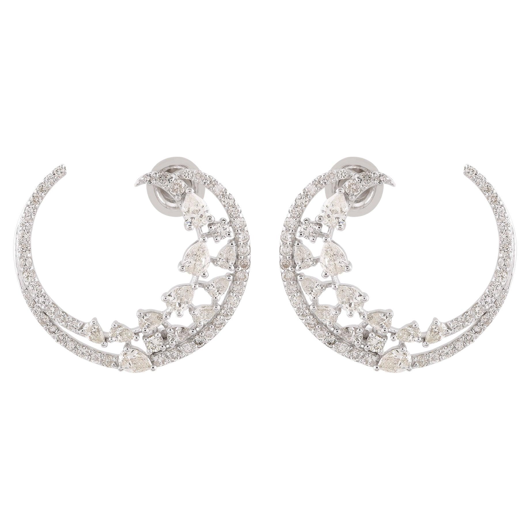 Natural SI Clarity HI Color Diamond Crescent Moon Hoop Earrings 14k White Gold