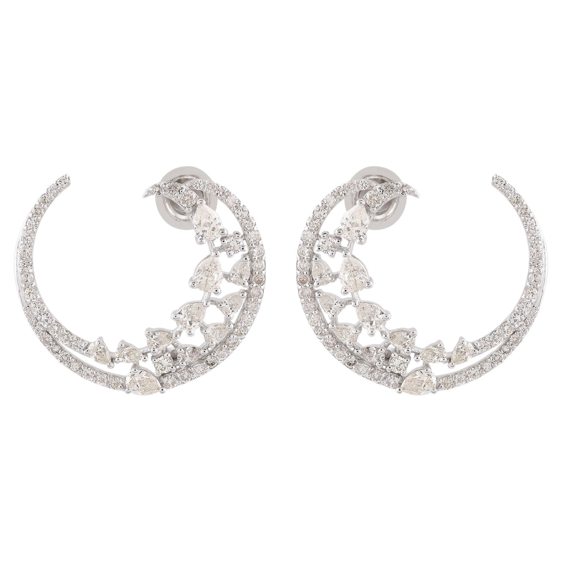 Natural SI Clarity HI Color Diamond Crescent Moon Hoop Earrings 18k White Gold