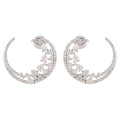 Natural SI Clarity HI Color Diamond Crescent Moon Hoop Earrings 18k White Gold