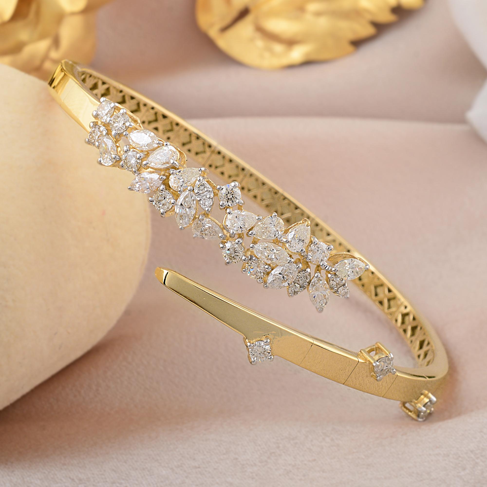 Modern Natural SI Clarity HI Color Diamond Cuff Bangle Bracelet 14 Karat Yellow Gold For Sale