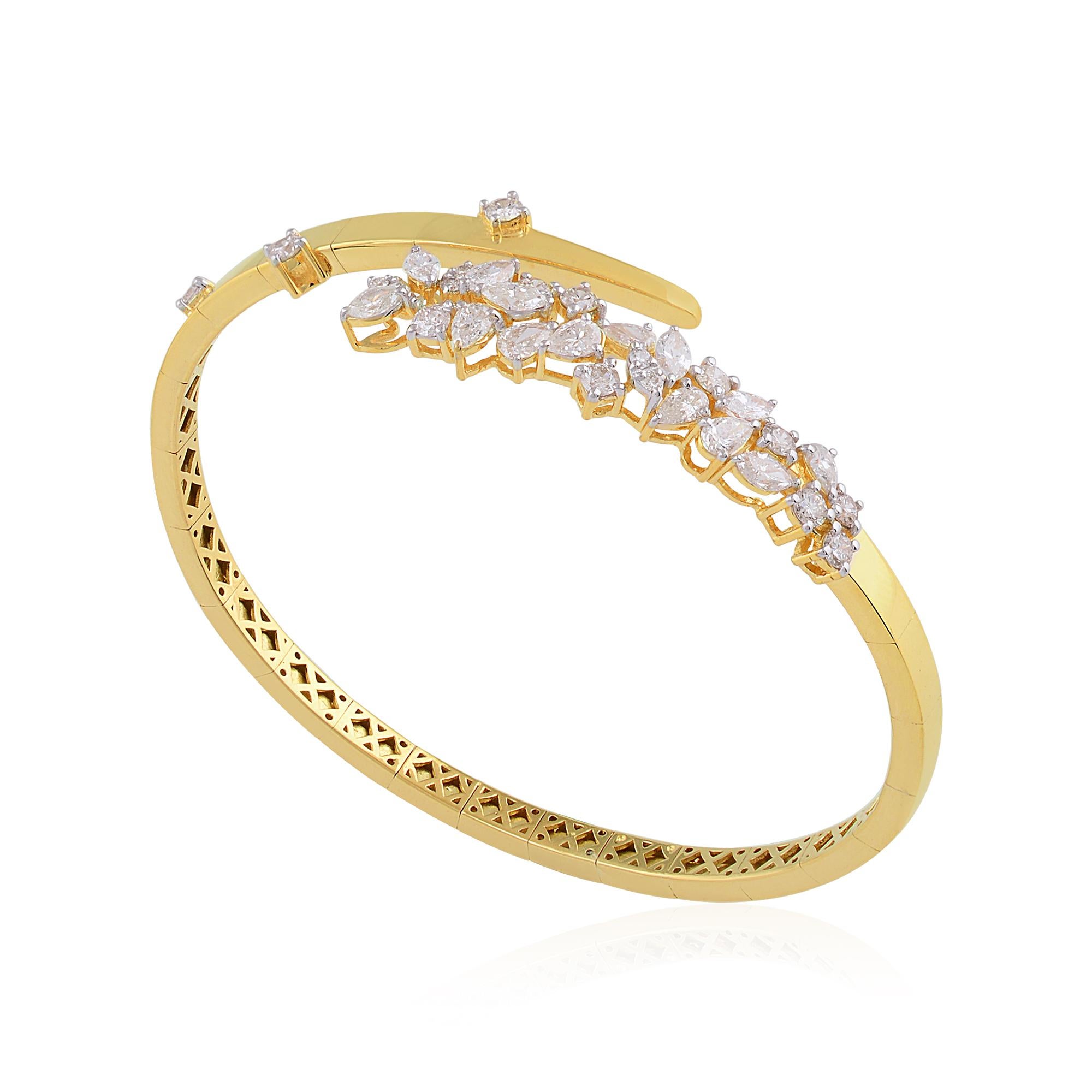 Marquise Cut Natural SI Clarity HI Color Diamond Cuff Bangle Bracelet 14 Karat Yellow Gold For Sale