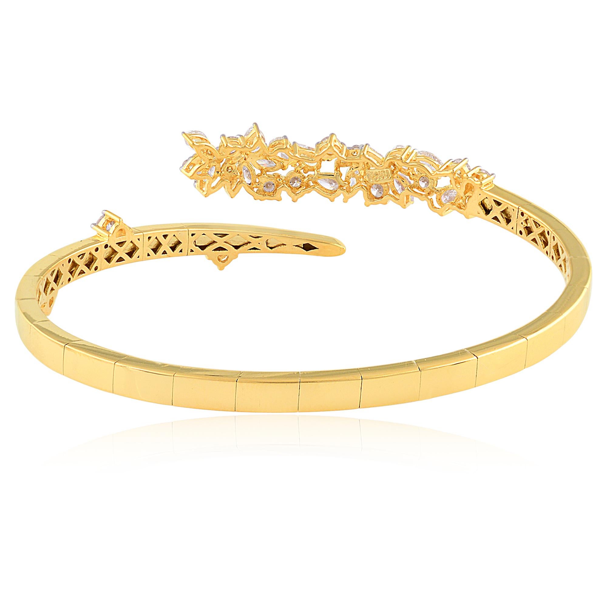 Women's Natural SI Clarity HI Color Diamond Cuff Bangle Bracelet 14 Karat Yellow Gold For Sale