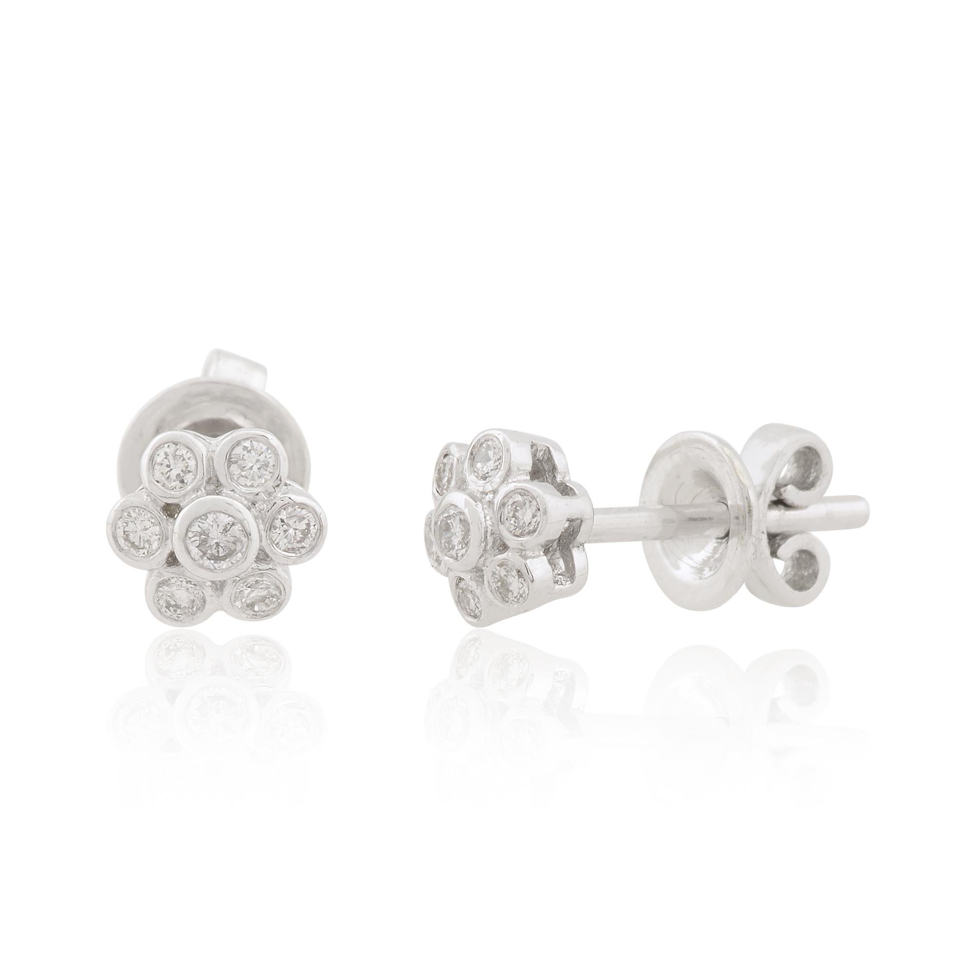 Round Cut Natural SI Clarity HI Color Diamond Flower Stud Earrings 10 Karat White Gold For Sale