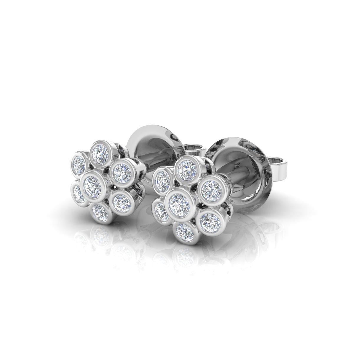 Natural SI Clarity HI Color Diamond Flower Stud Earrings 10 Karat White Gold For Sale 1