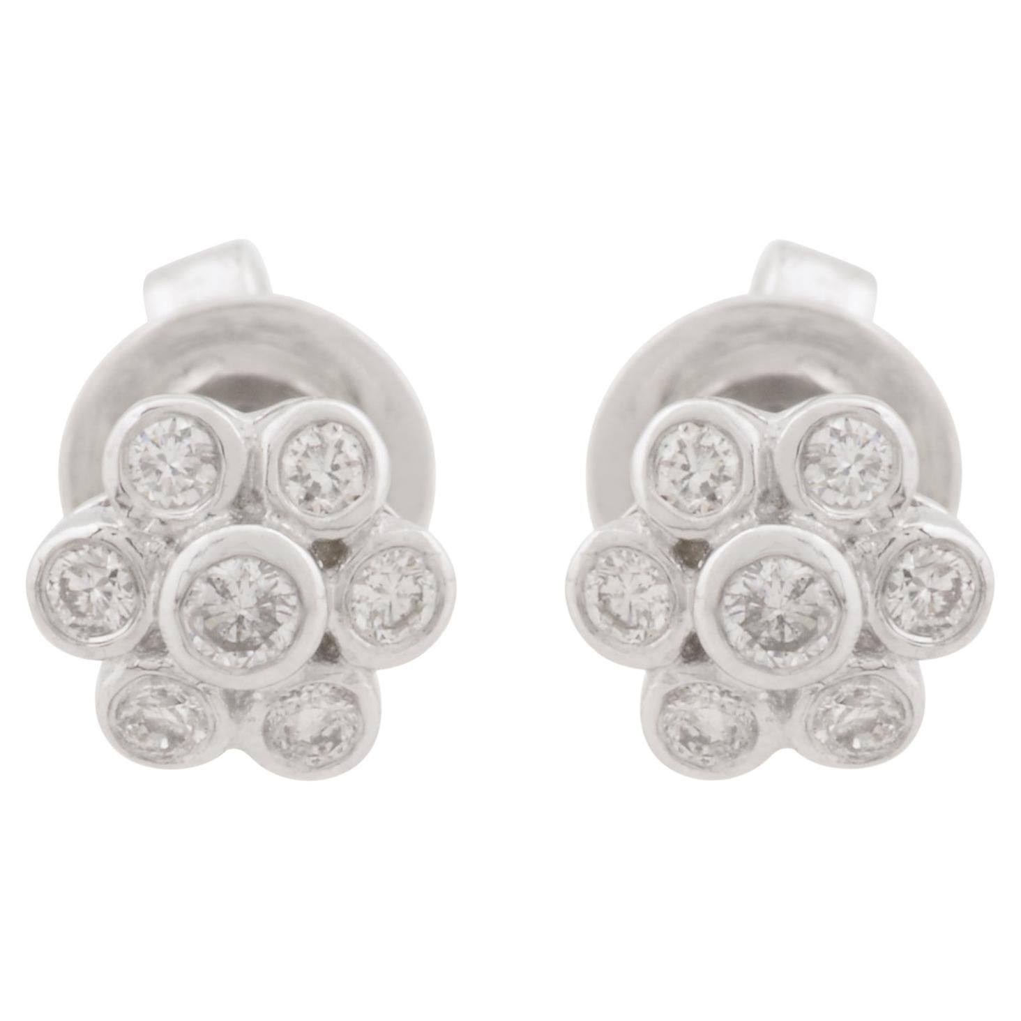 Natural SI Clarity HI Color Diamond Flower Stud Earrings 10 Karat White Gold For Sale