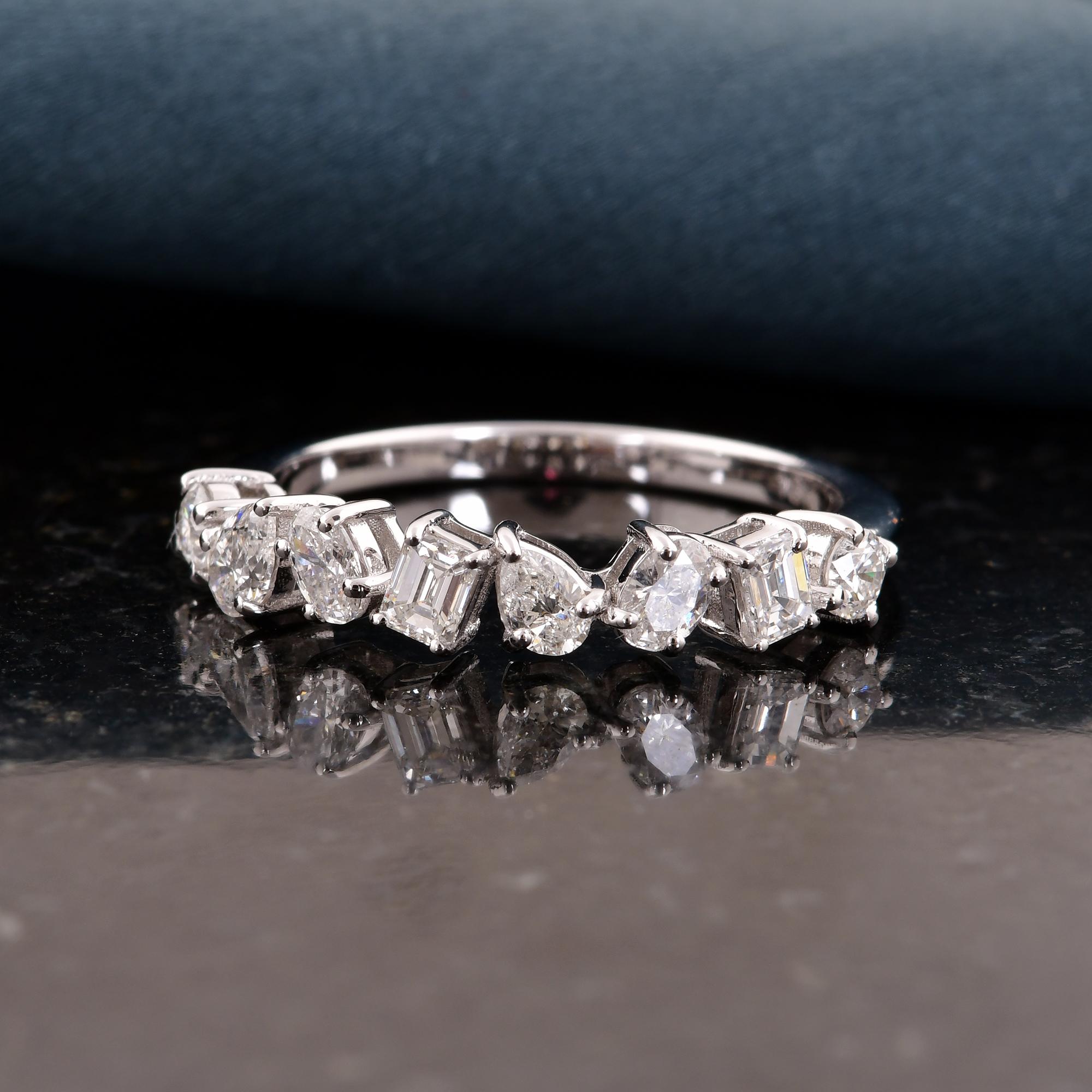 What sets this ring apart is its unique design featuring multi-shape diamonds. From classic round brilliants to elegant pear shapes and enchanting princess cuts, each diamond adds its own distinctive charm to the composition, creating a harmonious
