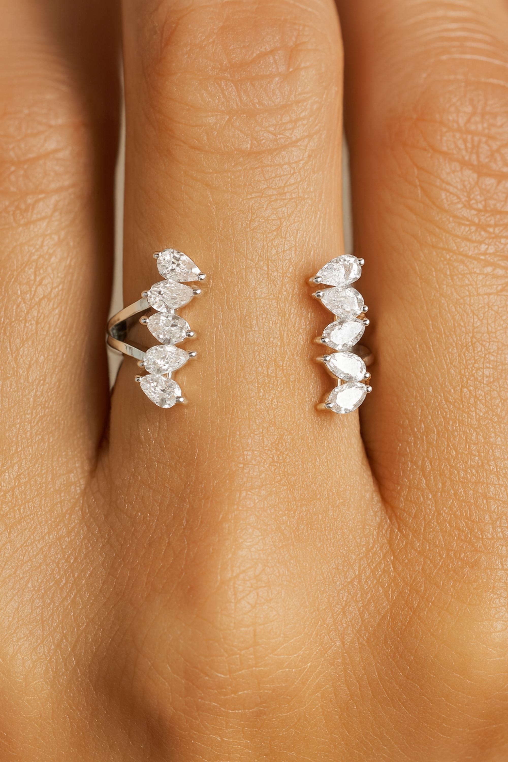 For Sale:  Natural SI Clarity HI Color Pear Cut Diamond Open Cuff Ring 14 Karat White Gold 2