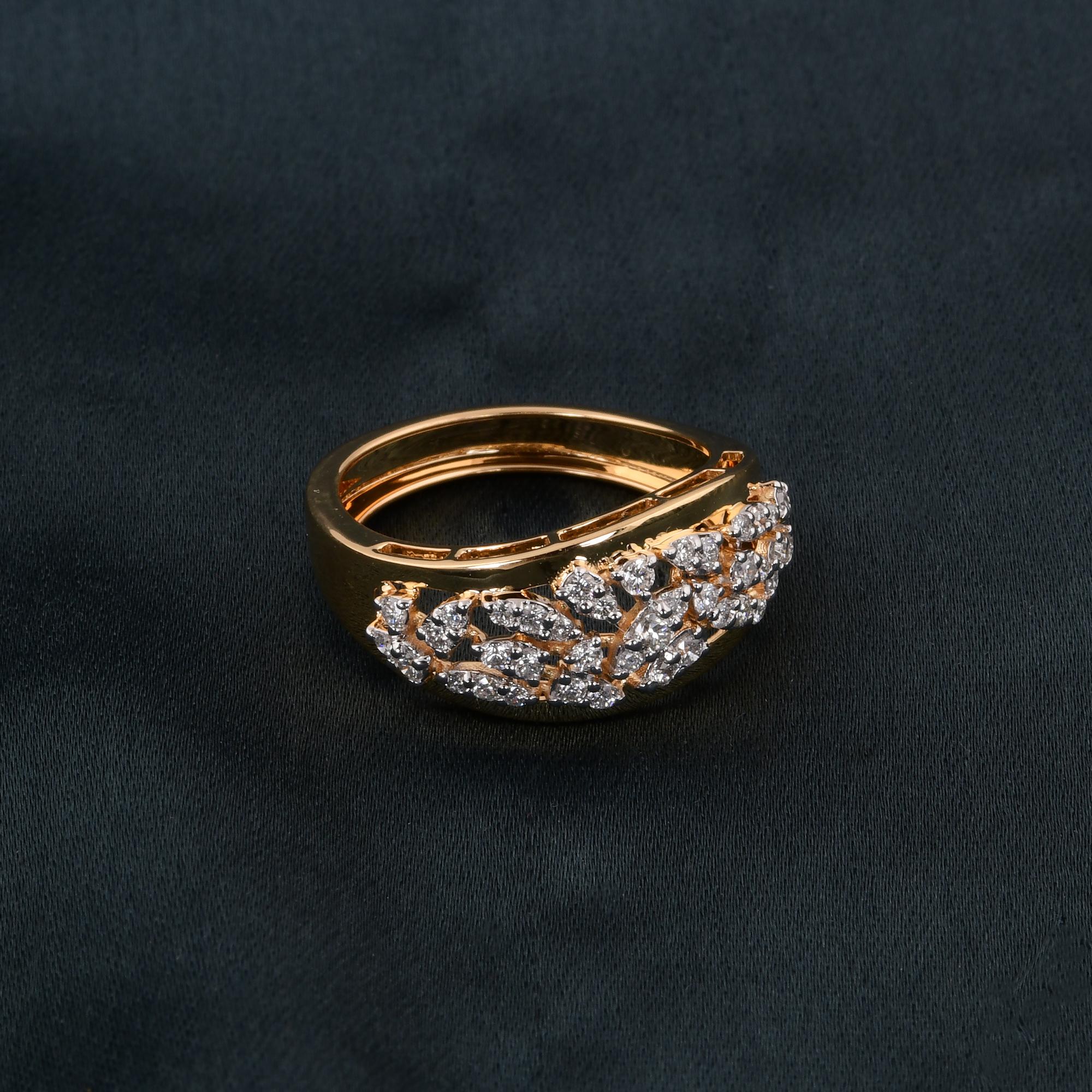 Moderne Bague diamant rond naturel SI Clarity HI Color 14 Karat Yellow Gold Fine Jewelry en vente