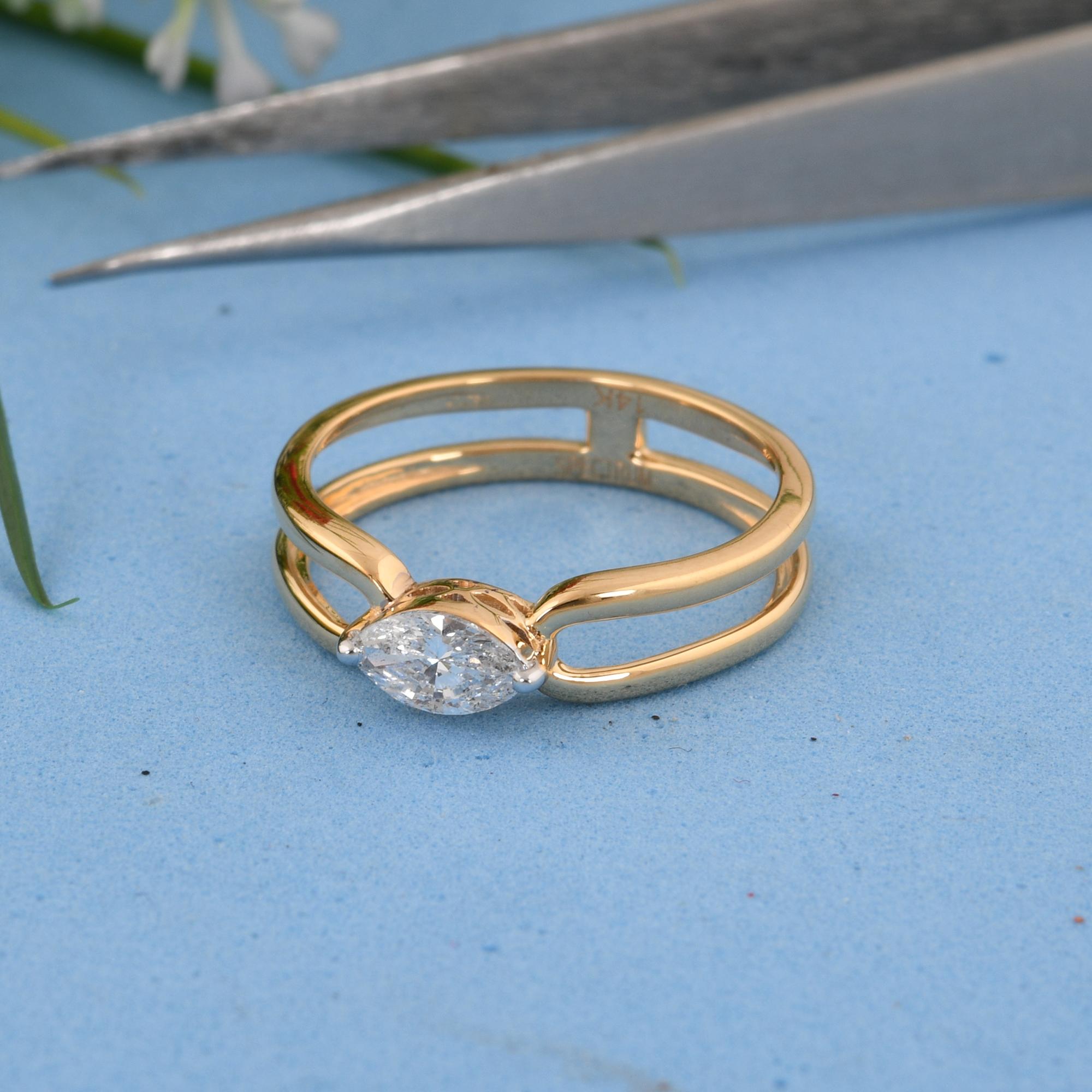 Natural SI Clarity HI Color Solitaire Marquise Diamond Ring 14 Karat Yellow Gold For Sale 1