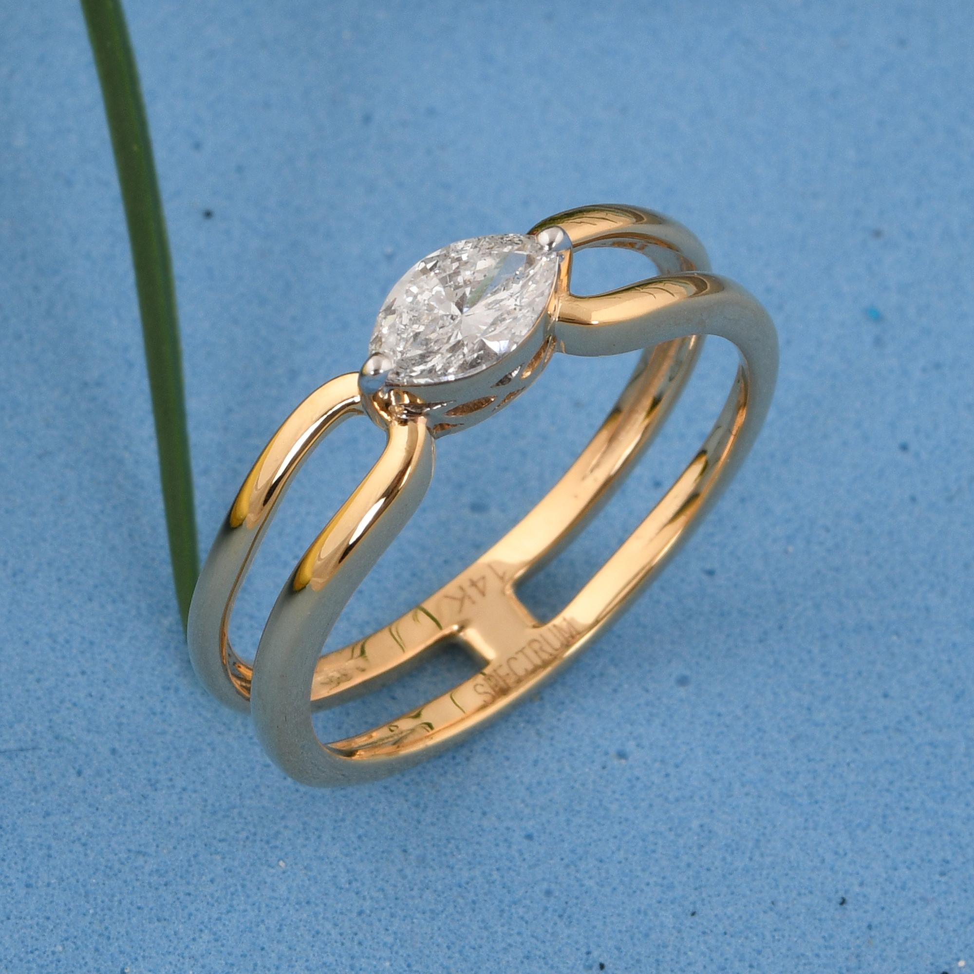 Natural SI Clarity HI Color Solitaire Marquise Diamond Ring 18 Karat Yellow Gold For Sale 3