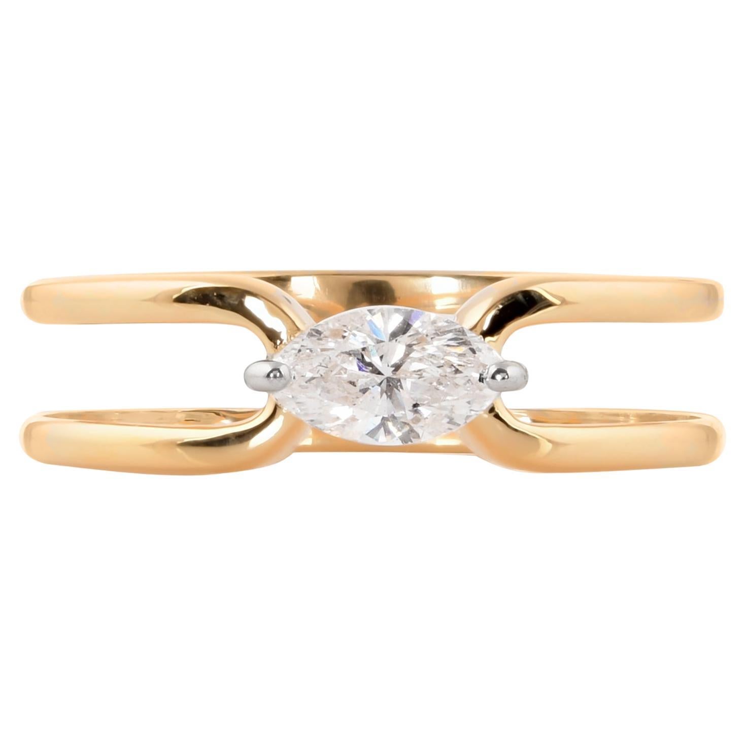 Bague solitaire marquise en or jaune 18 carats de pureté naturelle SI