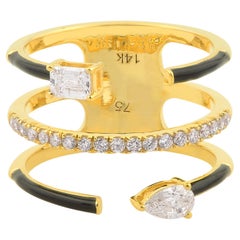 Natural SI/H Diamond Black Enamel Wide Band Wedding Ring 14 Karat Yellow Gold