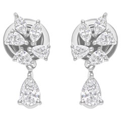 0.83Ct Pear & Marquise Natural SI/H Diamond Cluster Drop Earrings 18K White Gold