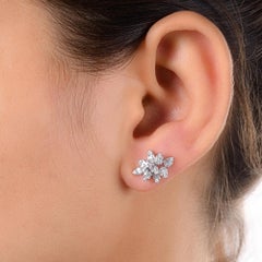 Pendientes de oro blanco de 18 quilates con diamante natural SI/H en racimo flor