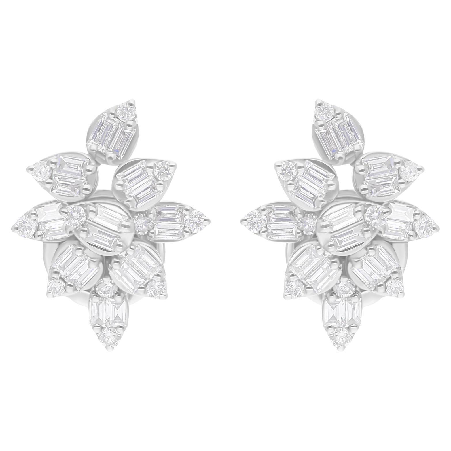 Natural SI/H Diamond Cluster Flower Stud Earrings 18 Karat White Gold