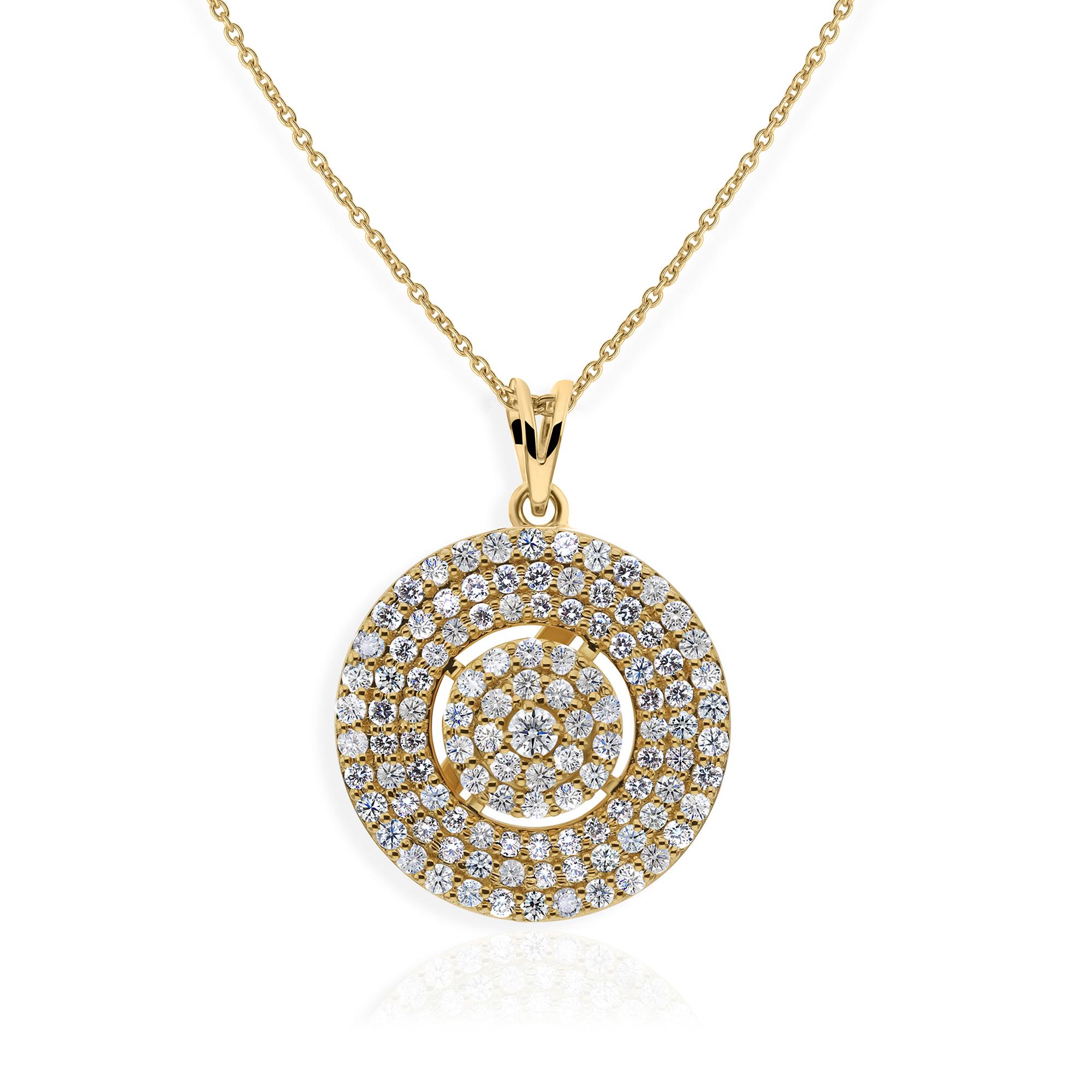 Collana con ciondolo a forma di cerchio concentrico con diamanti naturali SI/H in oro giallo 14 carati in vendita 1
