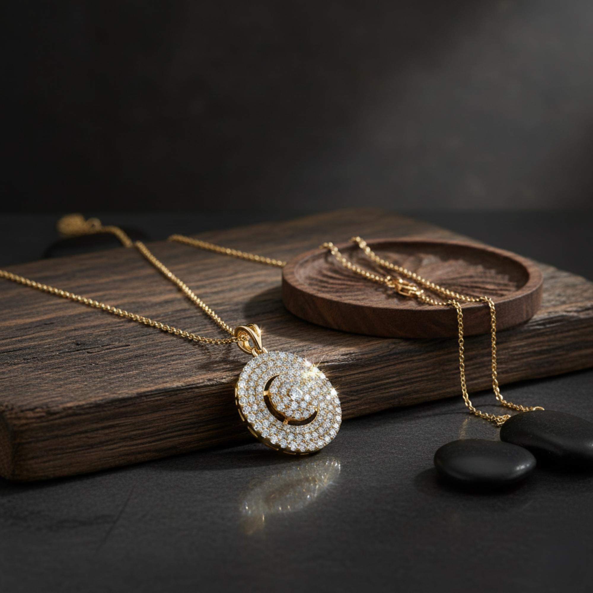 Moderno Collana con ciondolo a forma di cerchio concentrico con diamanti naturali SI/H in oro giallo 18 carati in vendita