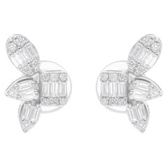 Natural SI/H Diamond Leaf Cluster 18 Karat White Gold Stud Earrings