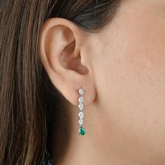 Natural SI/H Diamond Zambian Emerald Dangle Drop Earrings 14 Karat White Gold