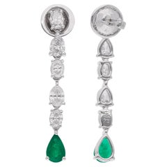 Natural SI/H Diamond Zambian Emerald Dangle Drop Earrings 14 Karat White Gold Natural SI/H Diamond Zambian Emerald Dangle Drop Earrings 14 Karat White Gold