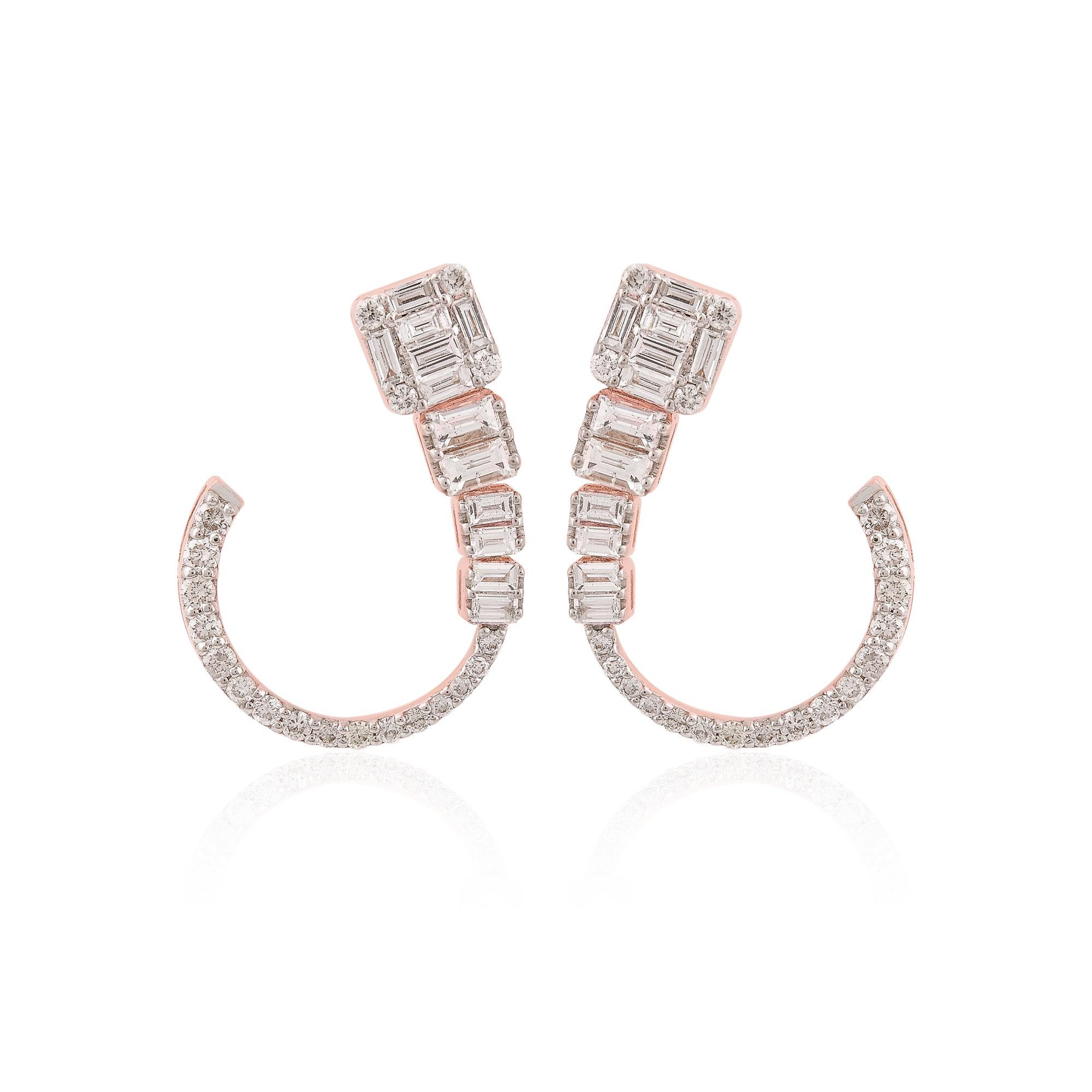 Boucles d
oreilles en or rose 14 carats avec des diamants octogonaux et baguettes de la série Nature SI/H