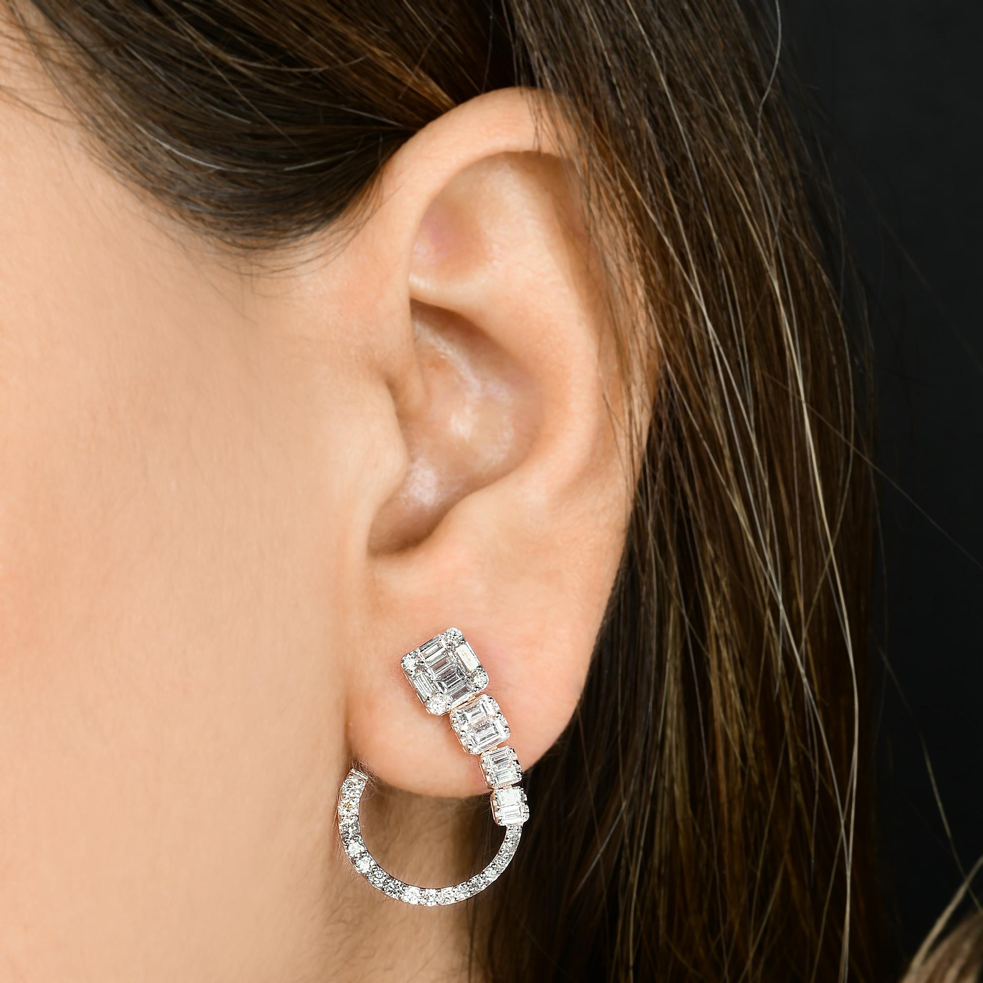 Modern Natural SI/H Octagon & Baguette Diamond Hoop Earrings 18 Karat Rose Gold Jewelry For Sale