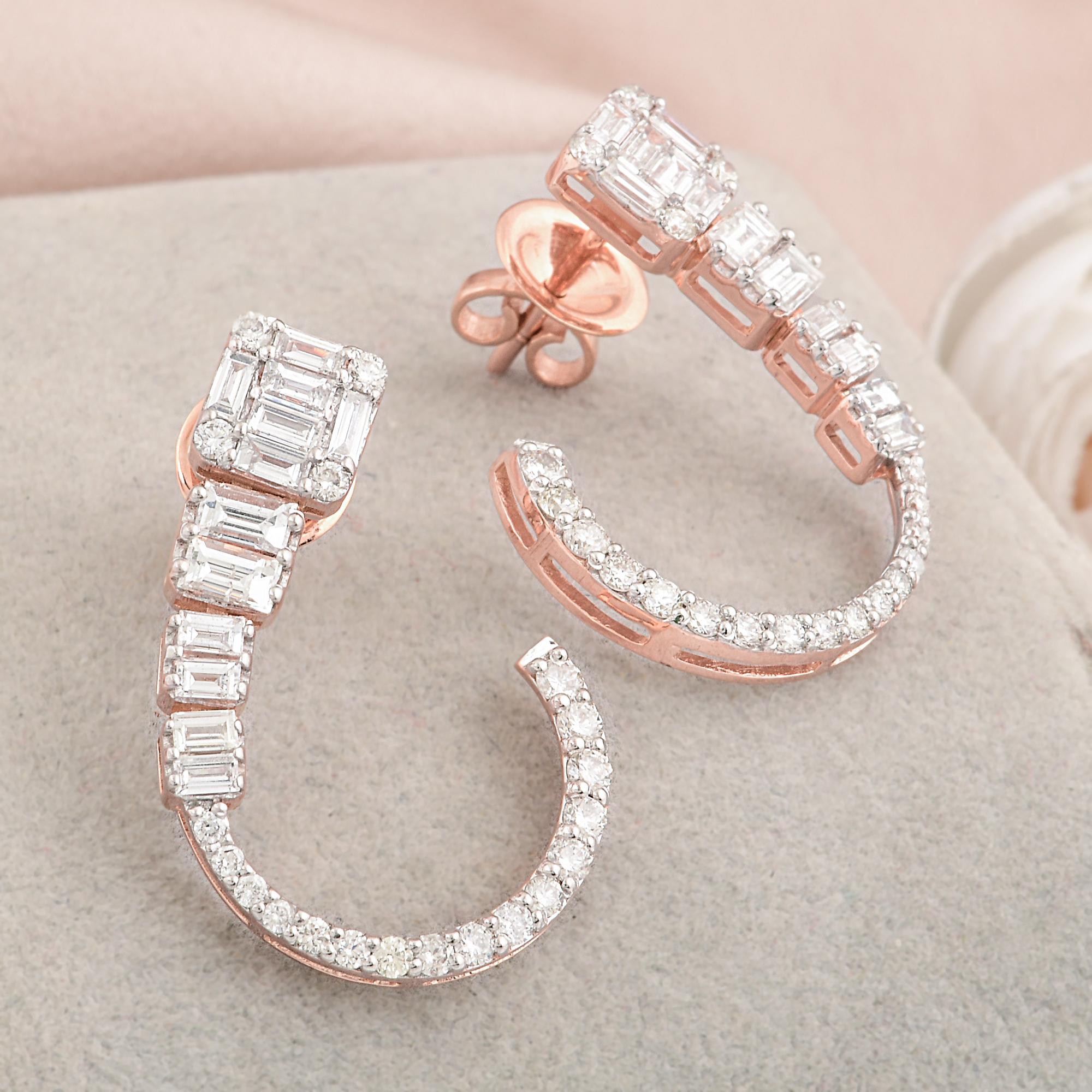 Baguette Cut Natural SI/H Octagon & Baguette Diamond Hoop Earrings 18 Karat Rose Gold Jewelry For Sale